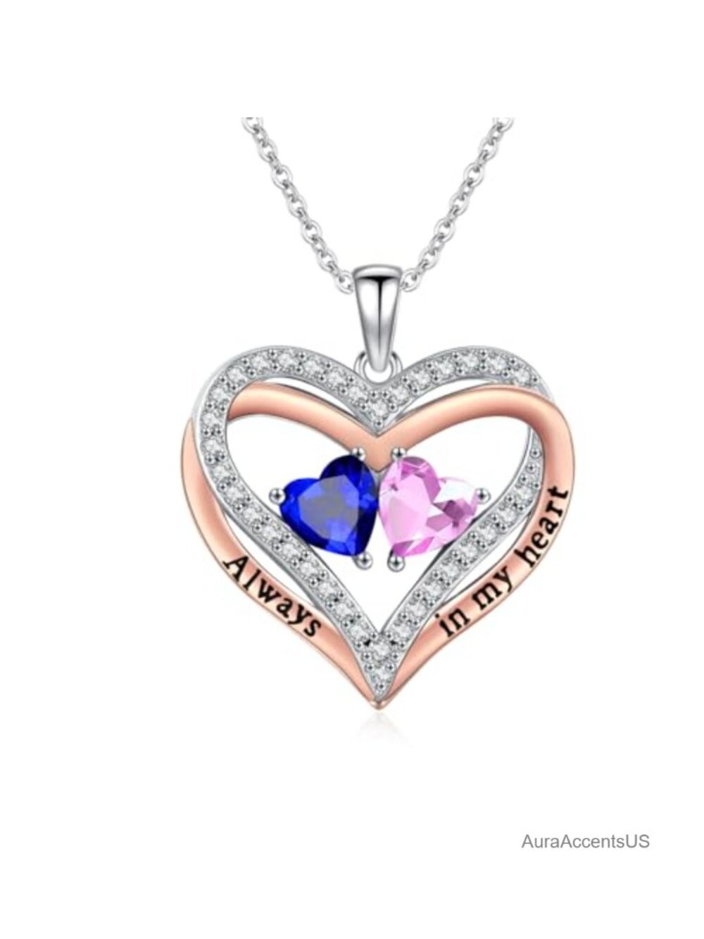 14K Gold Filled Double Heart Birthstone Necklace for Women